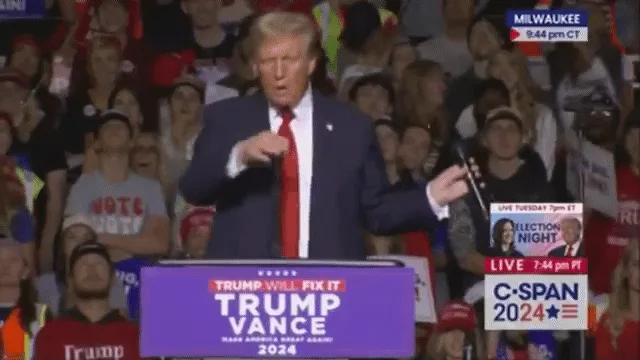 A sequence of six identical frames shows Donald Trump at a campaign rally podium with 'TRUMP VANCE 2024' and 'TRUMP WILL FIX…