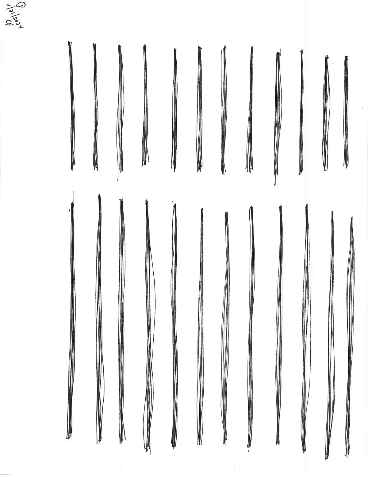 The image displays a white sheet of paper with two rows of roughly drawn vertical lines, each row containing approximately…