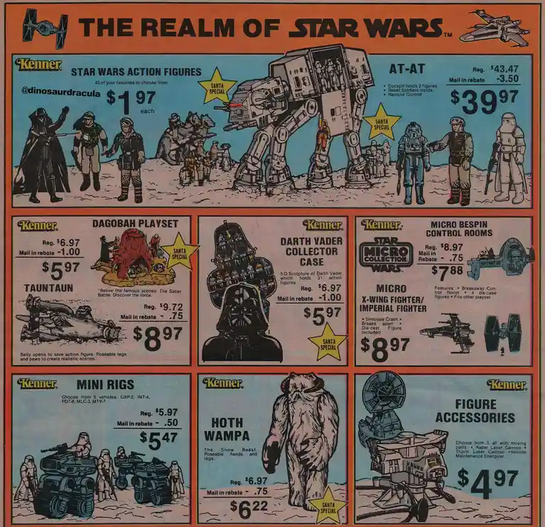 A vintage Kenner Star Wars toy catalog page titled 'The Realm of Star Wars' displays various action figures, vehicles, and…
