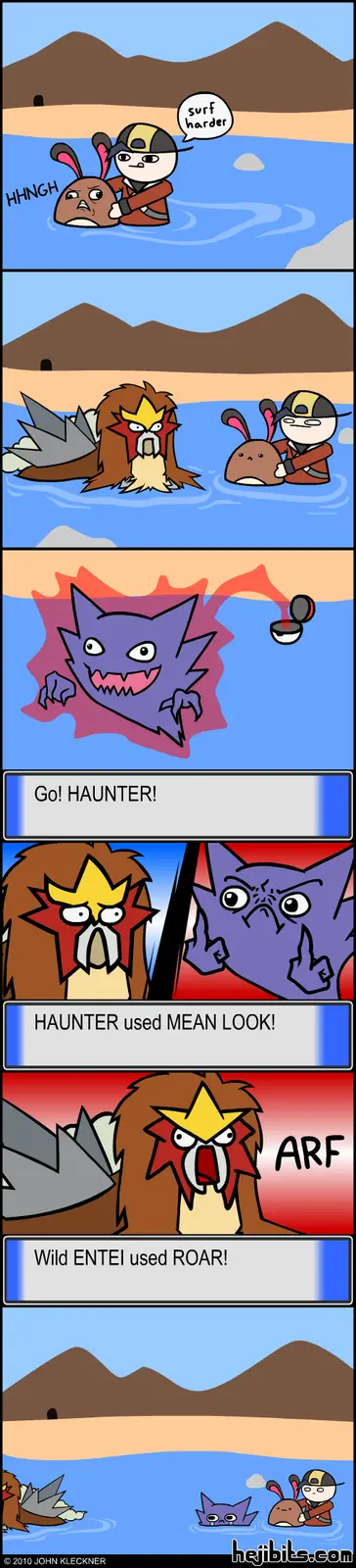 A comic strip shows a trainer holding a small rabbit-like Pokémon in water, yelling 'surf harder'. A large bird-like Pokémon…