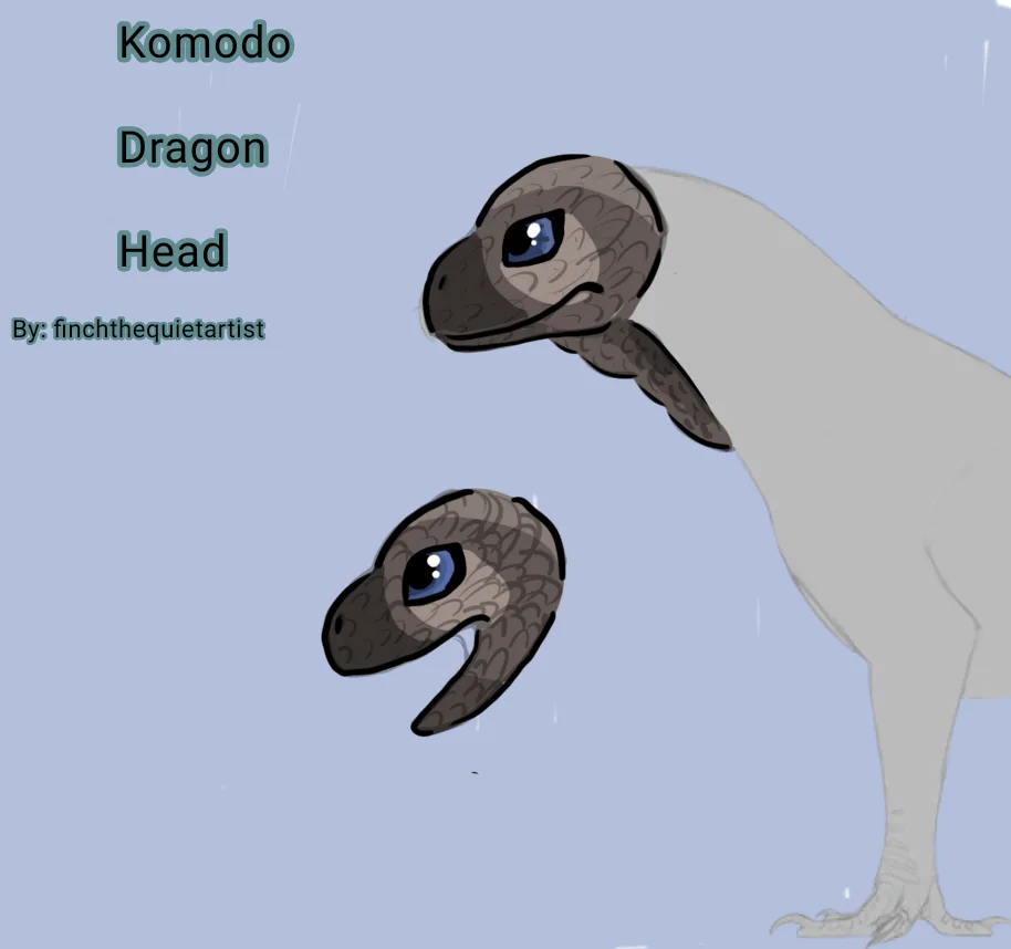 A digital illustration shows a large, stylized Komodo dragon with a light gray body and a detailed, scaly brown head with…
