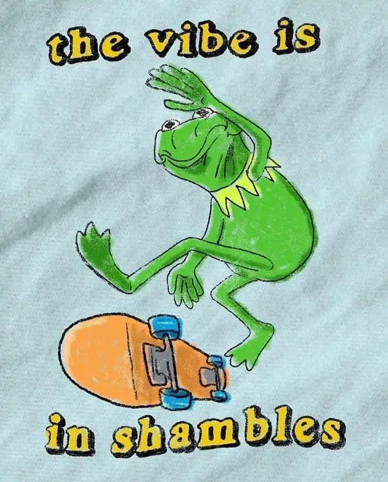 A hand-drawn image on a light blue fabric shows Kermit the Frog in a clumsy, uncoordinated pose, appearing to fall off an…