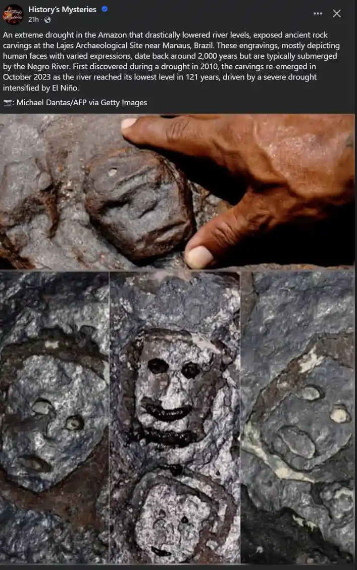 A hand points to ancient rock carvings of human faces exposed by a drought in the Amazon, with three close-up images showing…