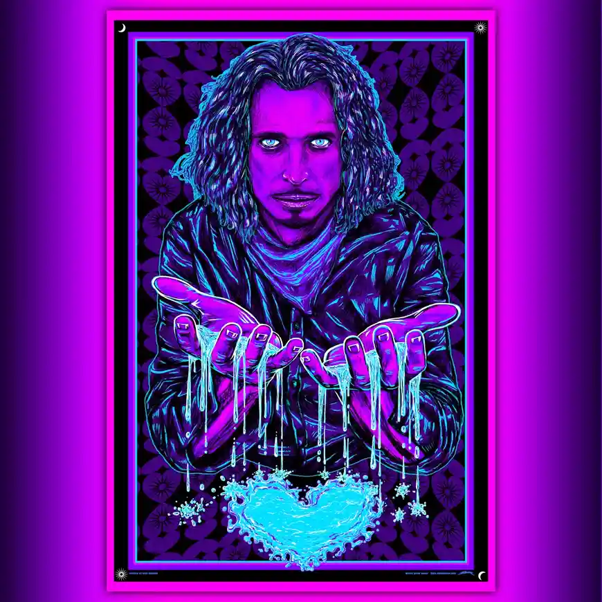 A stylized, neon-purple and blue illustration of a man with long hair and intense eyes, holding his hands out with liquid…