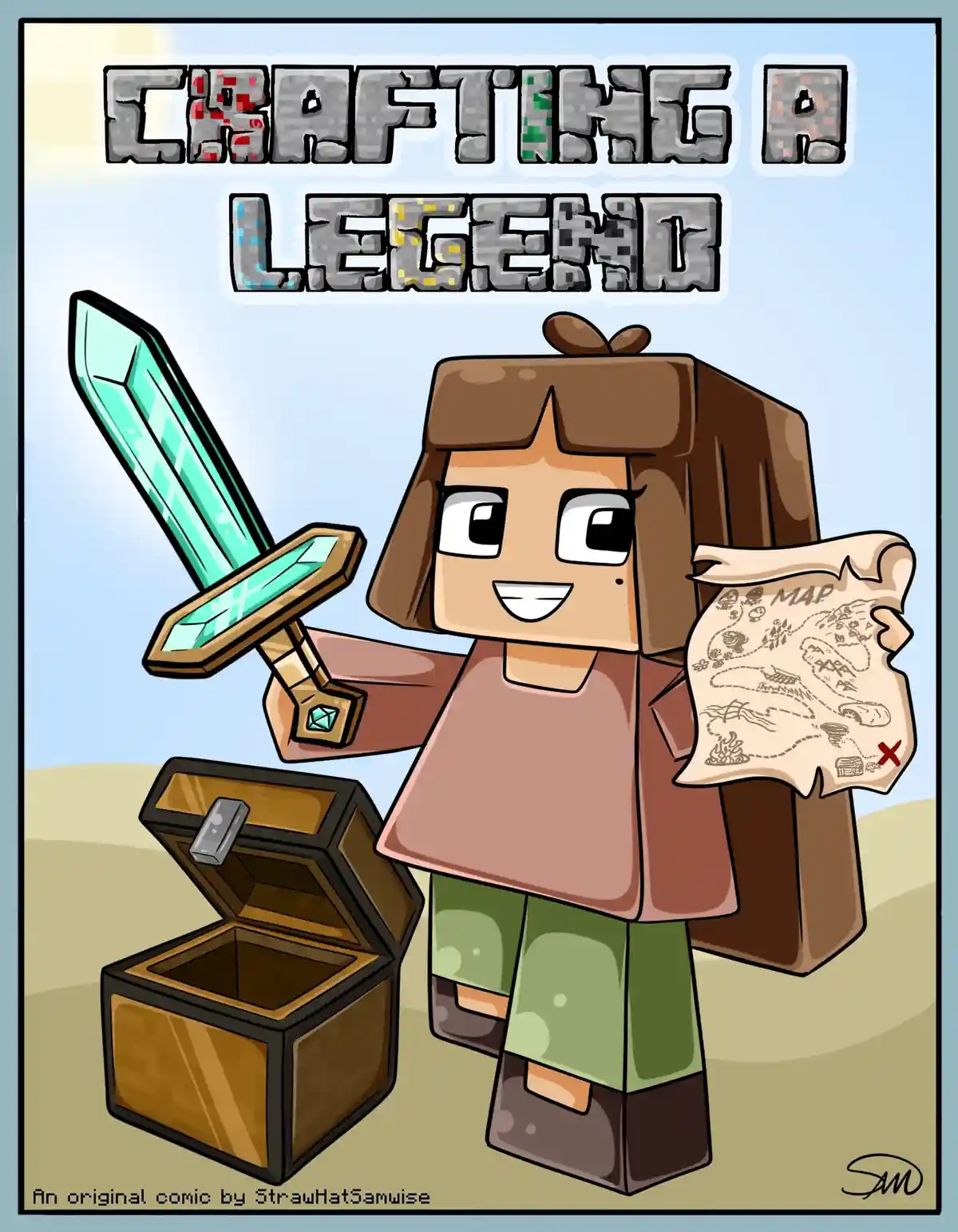 A Minecraft-style character with blocky features holds a glowing diamond sword in one hand and a treasure map marked with an…
