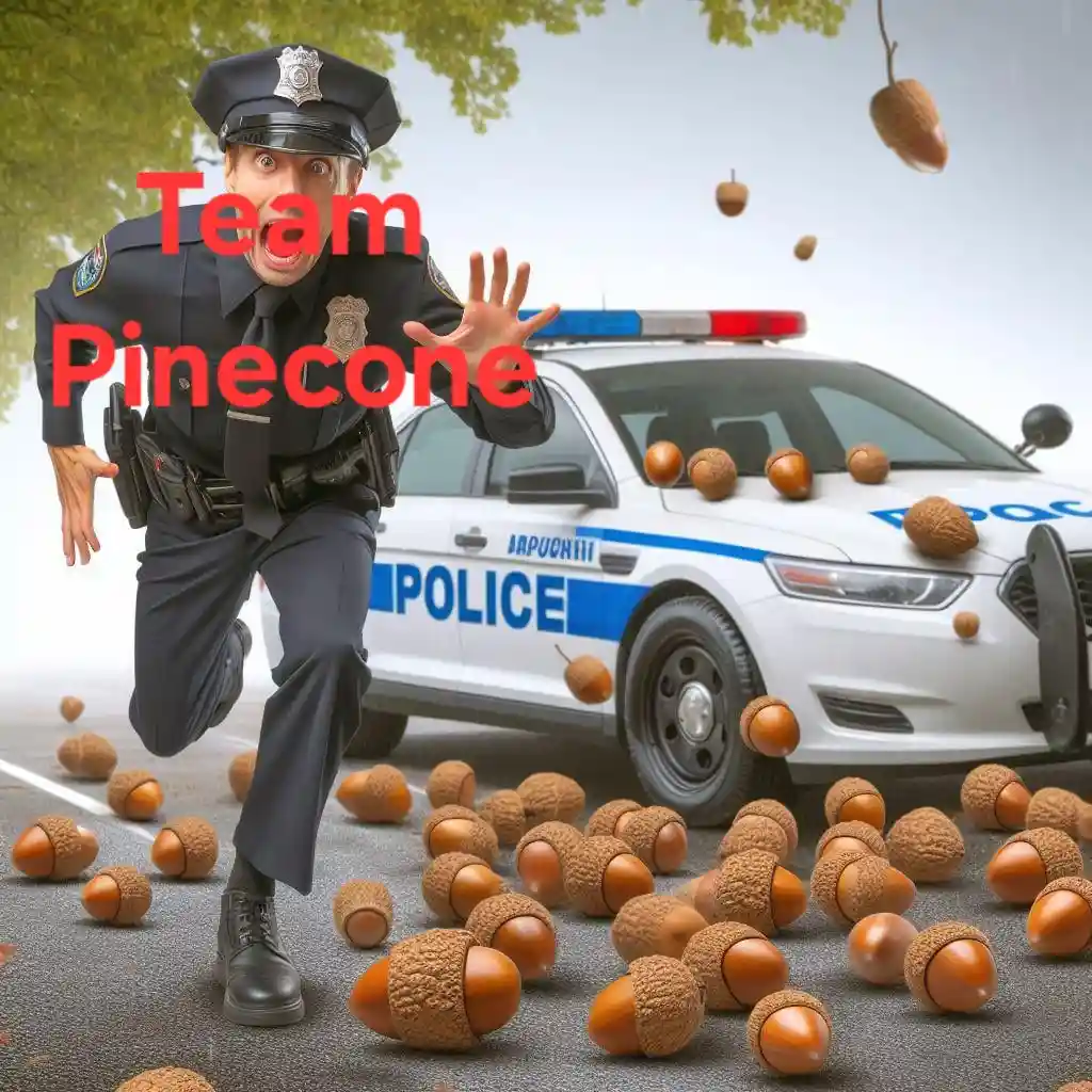 A police officer in uniform is running away in panic from a white police car, as numerous acorns are falling from the sky…