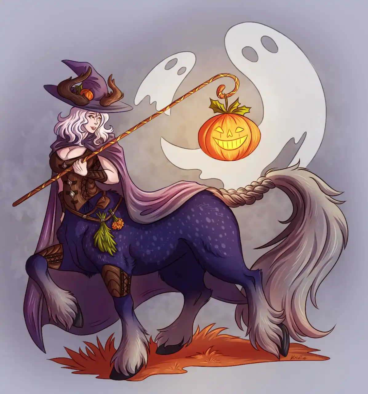 A fantasy illustration of a female witch with white hair and a purple hat, riding a purple, spotted, horse-like creature…