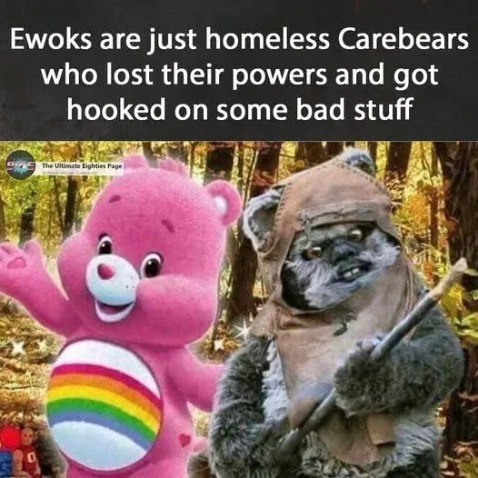 The image shows a pink Carebear with a rainbow emblem on its chest standing next to a Wookiee-like creature resembling an…
