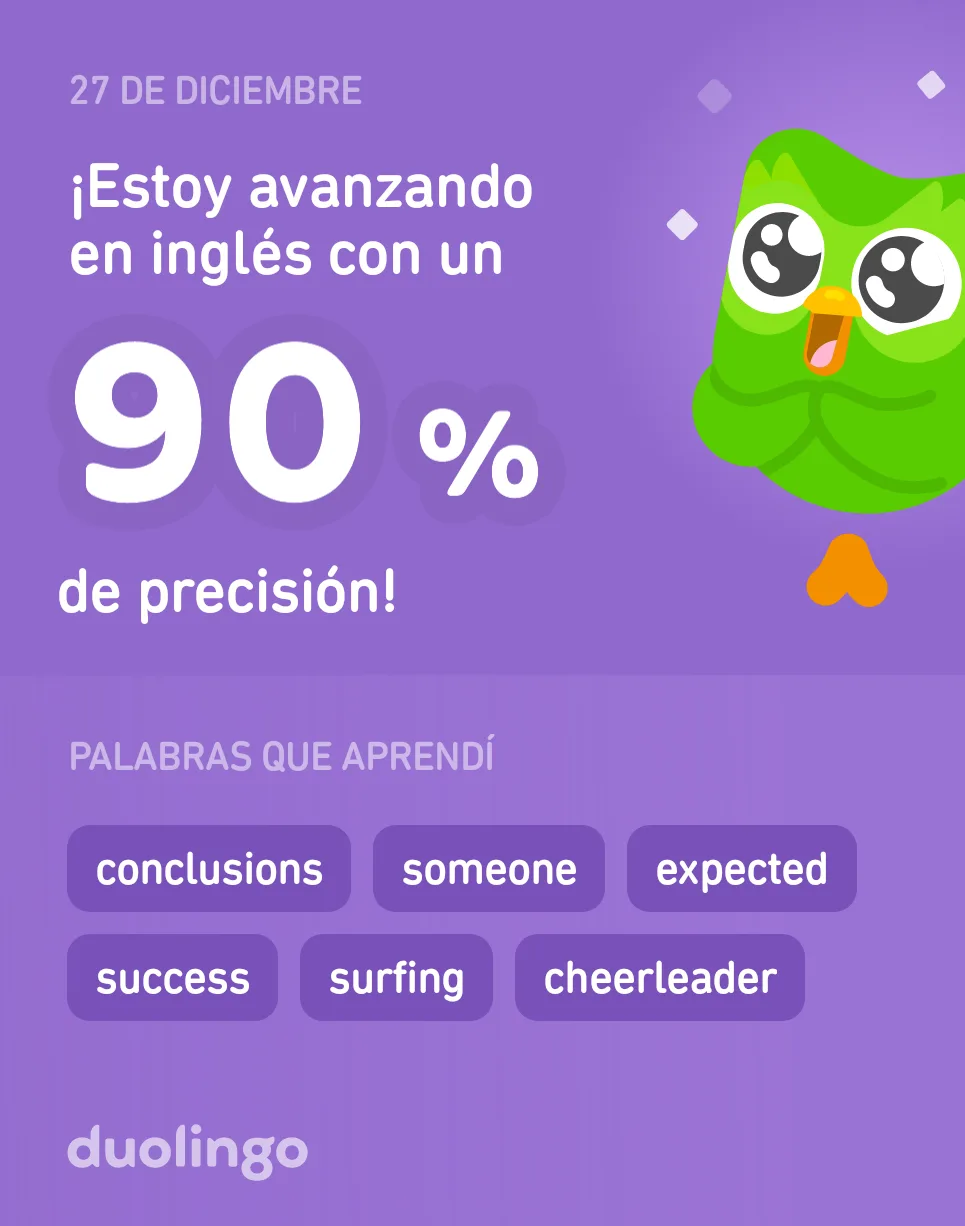 A purple Duolingo progress report shows a green owl mascot with wide eyes and an open beak. Text reads '27 DE DICIEMBRE'…