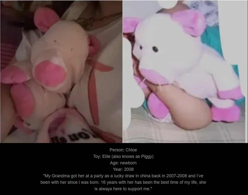 The image shows two side-by-side photos of a pink and white stuffed pig toy, labeled 'Ellie (also knows as Piggy)', held by…