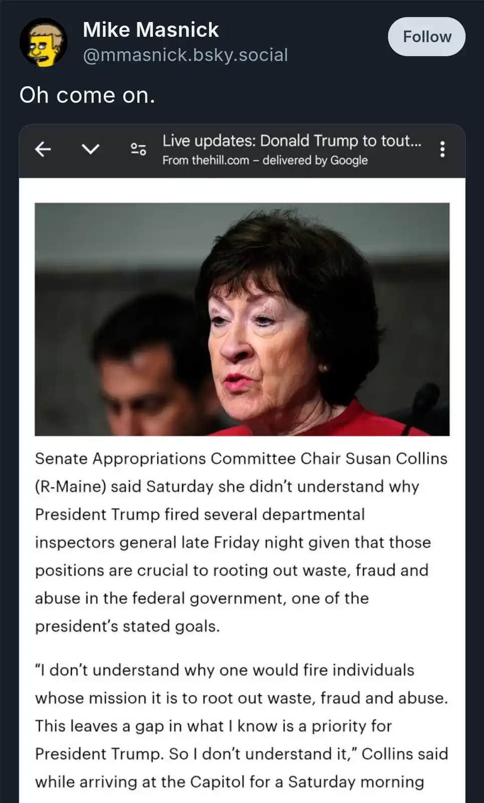 A screenshot of a social media post by Mike Masnick showing a news article about Senator Susan Collins expressing confusion…