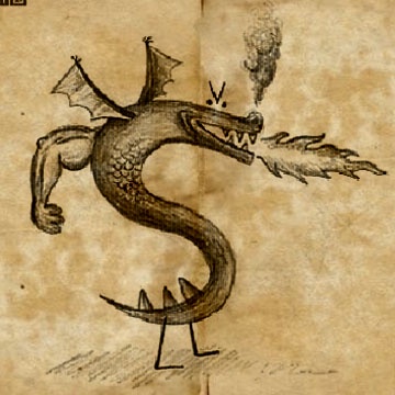 A crudely drawn, cartoonish dragon with bat-like wings, a long serpentine body, and human-like legs stands on parchment…