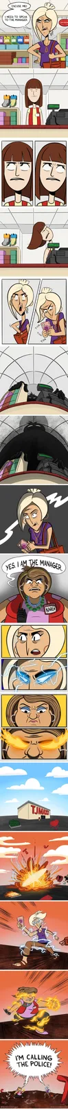 A comic strip depicts a customer in a TJMaxx store demanding to speak to the manager, who emerges from behind the counter as…
