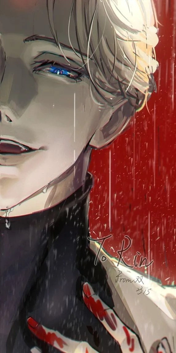 A close-up anime-style illustration of a young man with pale skin, blue eyes, and light-colored hair, looking upward with a…