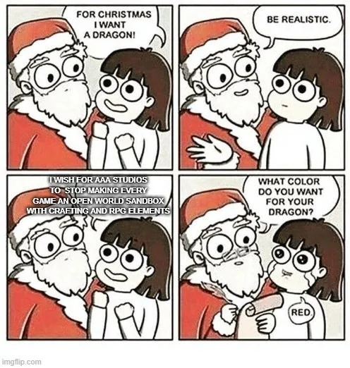 A four-panel comic strip featuring Santa Claus and a young girl. In the first panel, the girl asks Santa for a dragon. In…