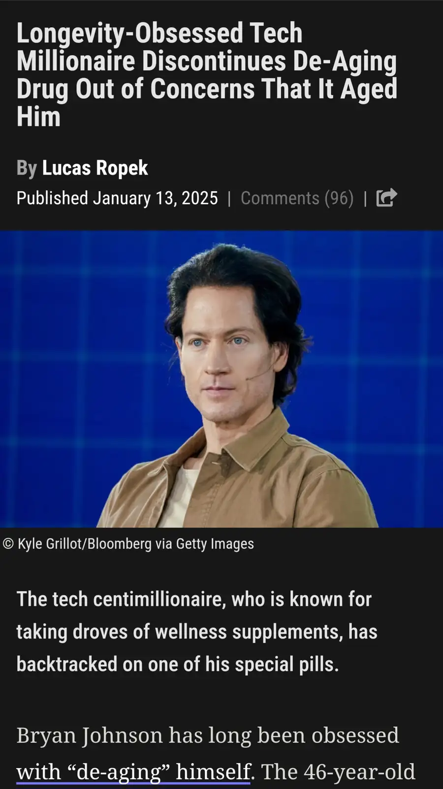 The image displays a screenshot of a fabricated news article about Bryan Johnson, showing him in a brown shirt against a…