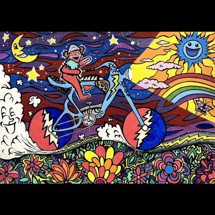 A vibrant, psychedelic illustration shows a red monkey wearing a peace sign hat riding a blue bicycle with lightning bolt…
