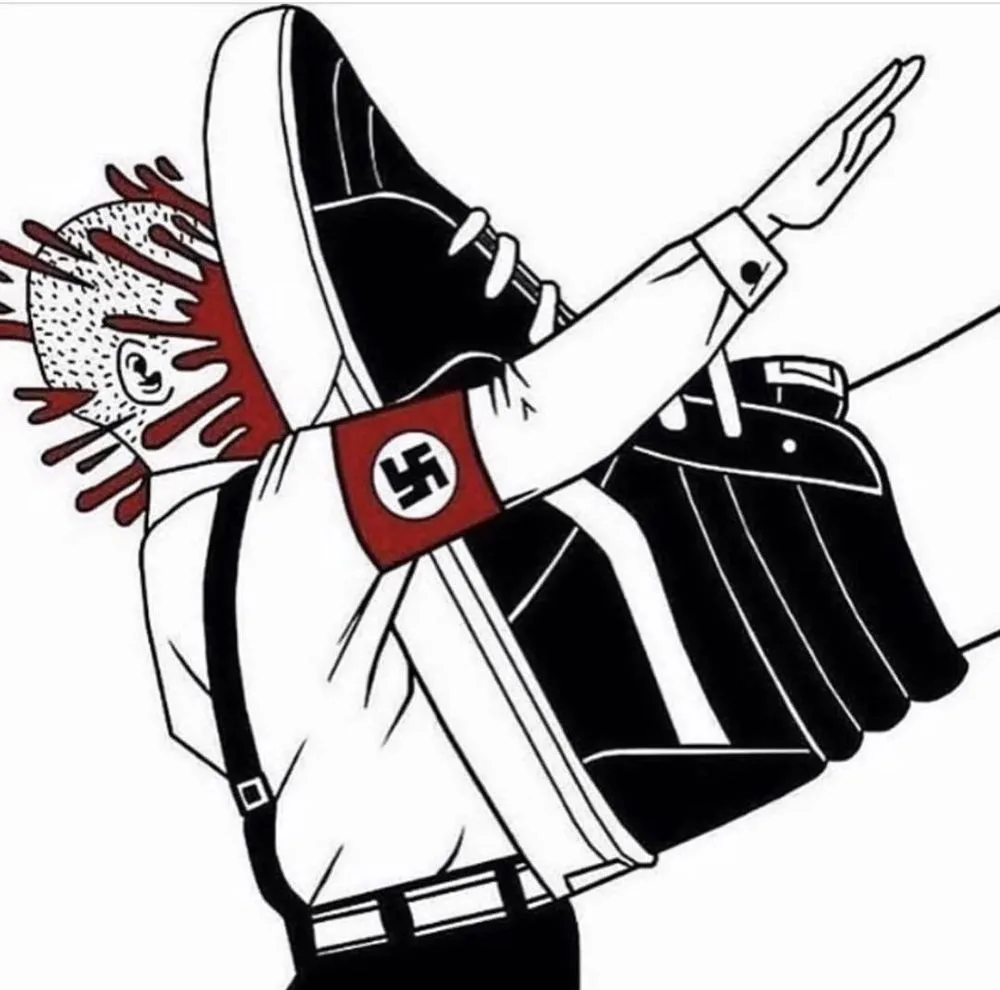 a cartoon drawing of a person in a white shirt and black pants, wearing a red armband with a swastika, performing a Nazi…
