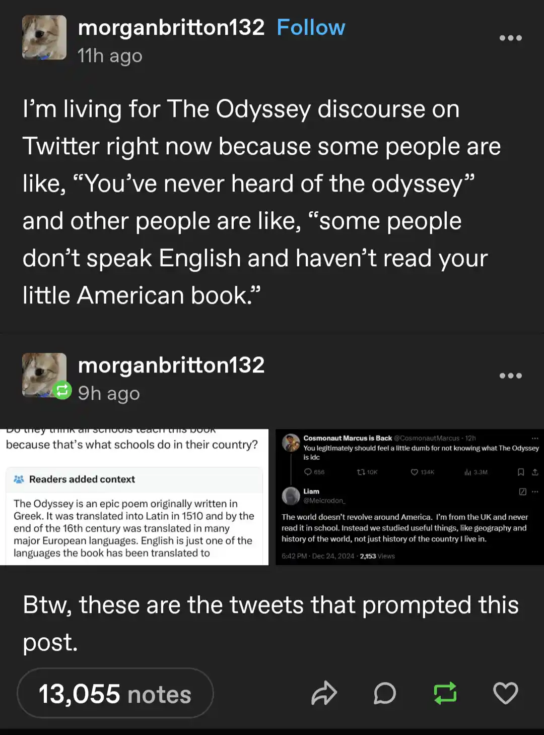 A screenshot of a Twitter thread by user morganbritton132, showing their post about the 'Odyssey discourse' and two replies…
