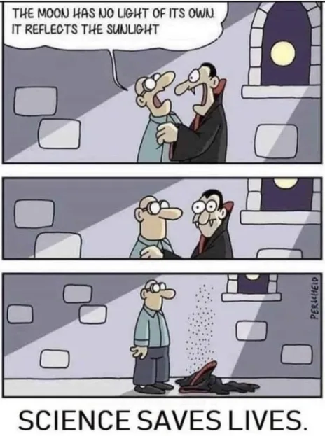 A three-panel comic strip shows a vampire and a scientist discussing the moon's light. In the first panel, the vampire says…