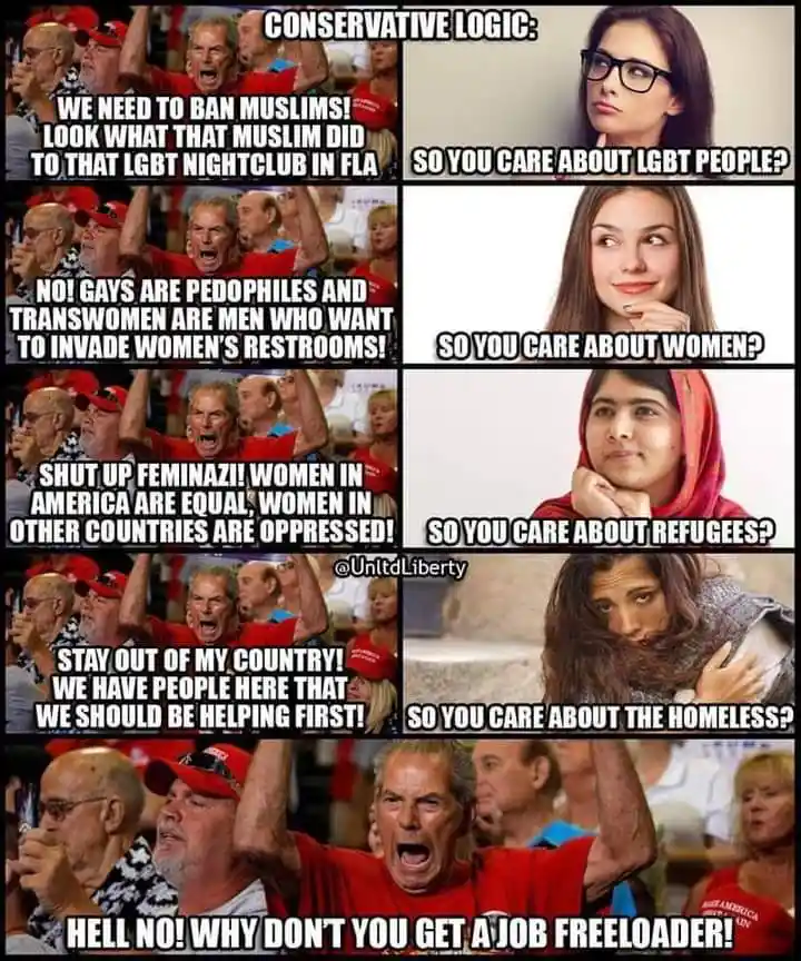 A six-panel meme juxtaposes images of angry, red-shirted conservative protesters with images of women (including Malala…
