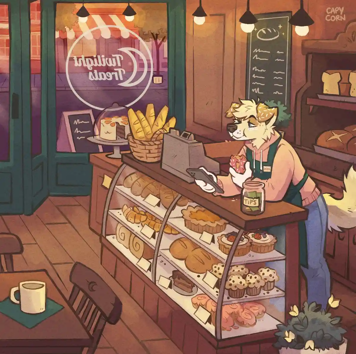 An anthropomorphic fox wearing a green apron stands behind a bakery counter filled with pastries, holding a donut and a…