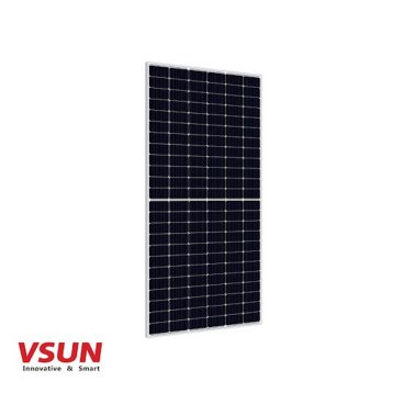A rectangular black solar panel with a grid of photovoltaic cells is shown against a plain white background. In the bottom…
