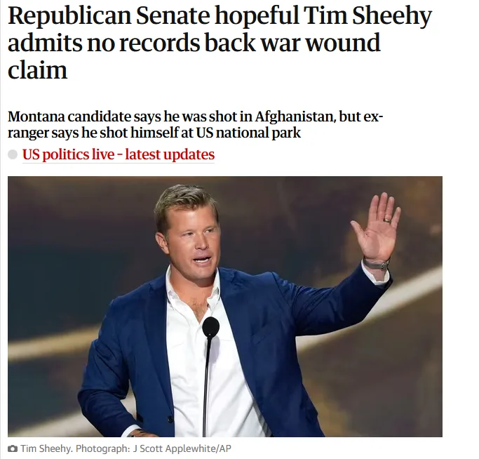 A screenshot of a news article about Tim Sheehy, a Republican Senate hopeful, who admits there are no records to back his…