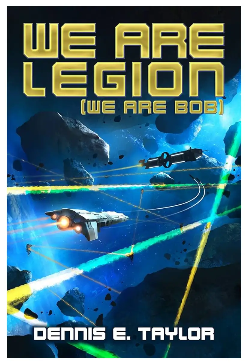 The image is a science fiction book cover featuring spaceships firing colorful laser beams through an asteroid field. Large…