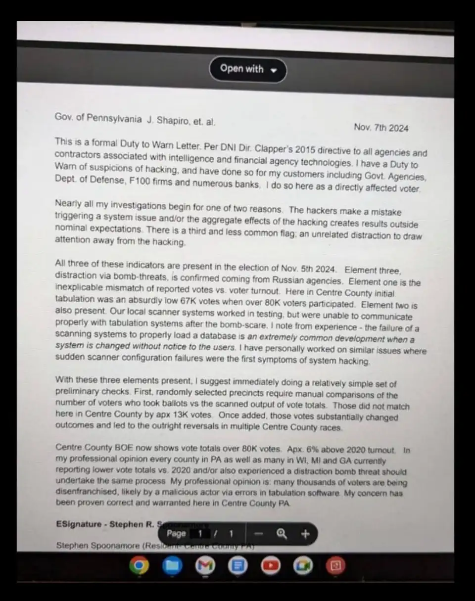 A screenshot of a document titled 'Duty to Warn Letter' dated Nov. 7th, 2024, addressed to the Governor of Pennsylvania, J…