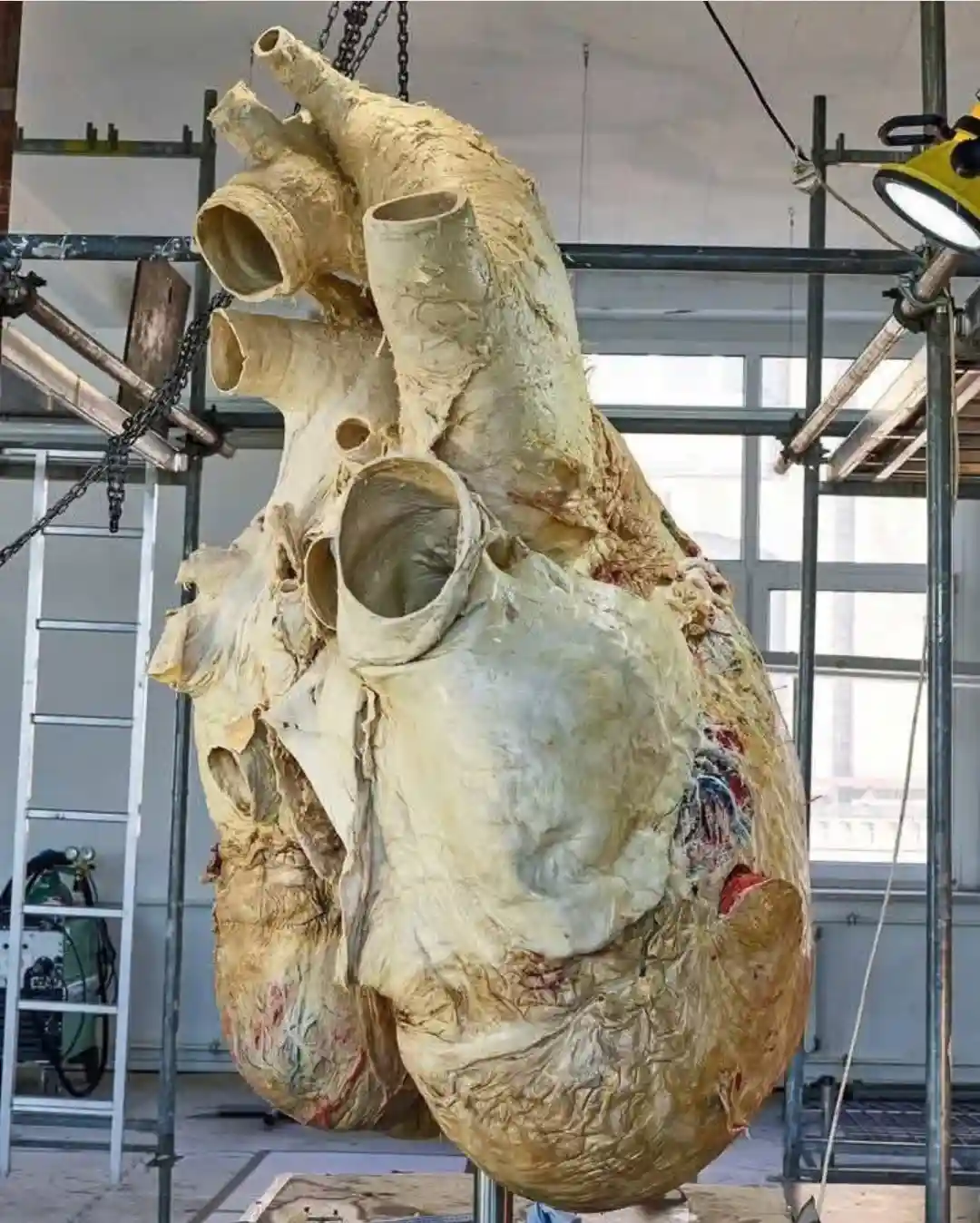 A large, anatomically detailed, beige-colored heart sculpture hangs suspended by chains in a workshop or studio. The…