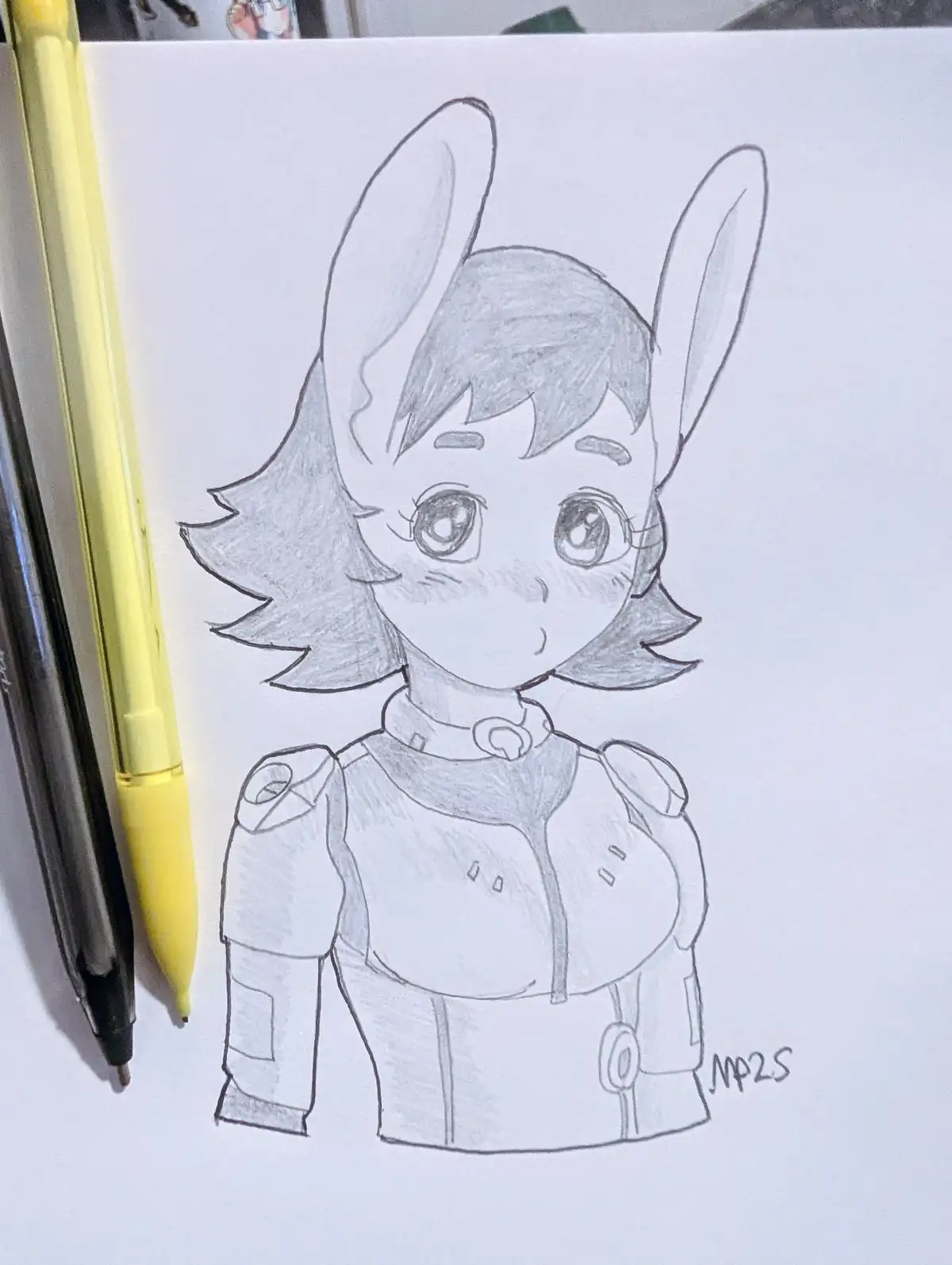 A pencil sketch of an anime-style character with large rabbit ears, short hair, and a detailed futuristic outfit, drawn on…