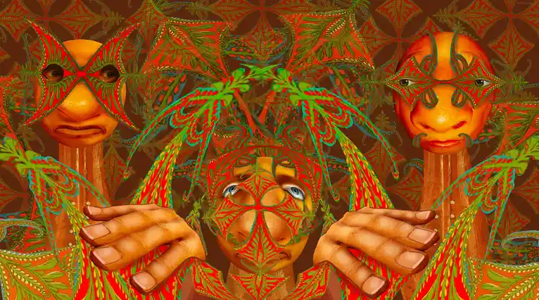 Three stylized humanoid figures with orange skin and ornate red and green patterned masks or headpieces stand against a…