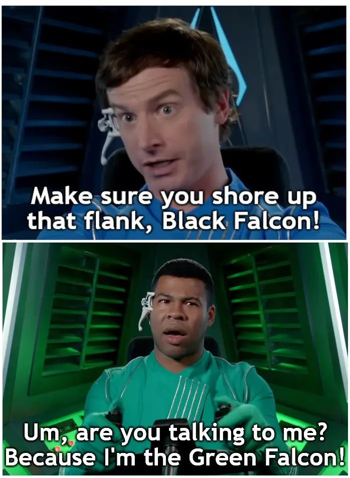 The image is a two-panel meme featuring two men in futuristic pilot uniforms. The top panel shows a man in a blue uniform…