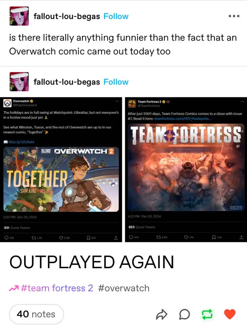 A screenshot of a social media post showing two side-by-side tweets: one from Overwatch announcing a new comic titled…