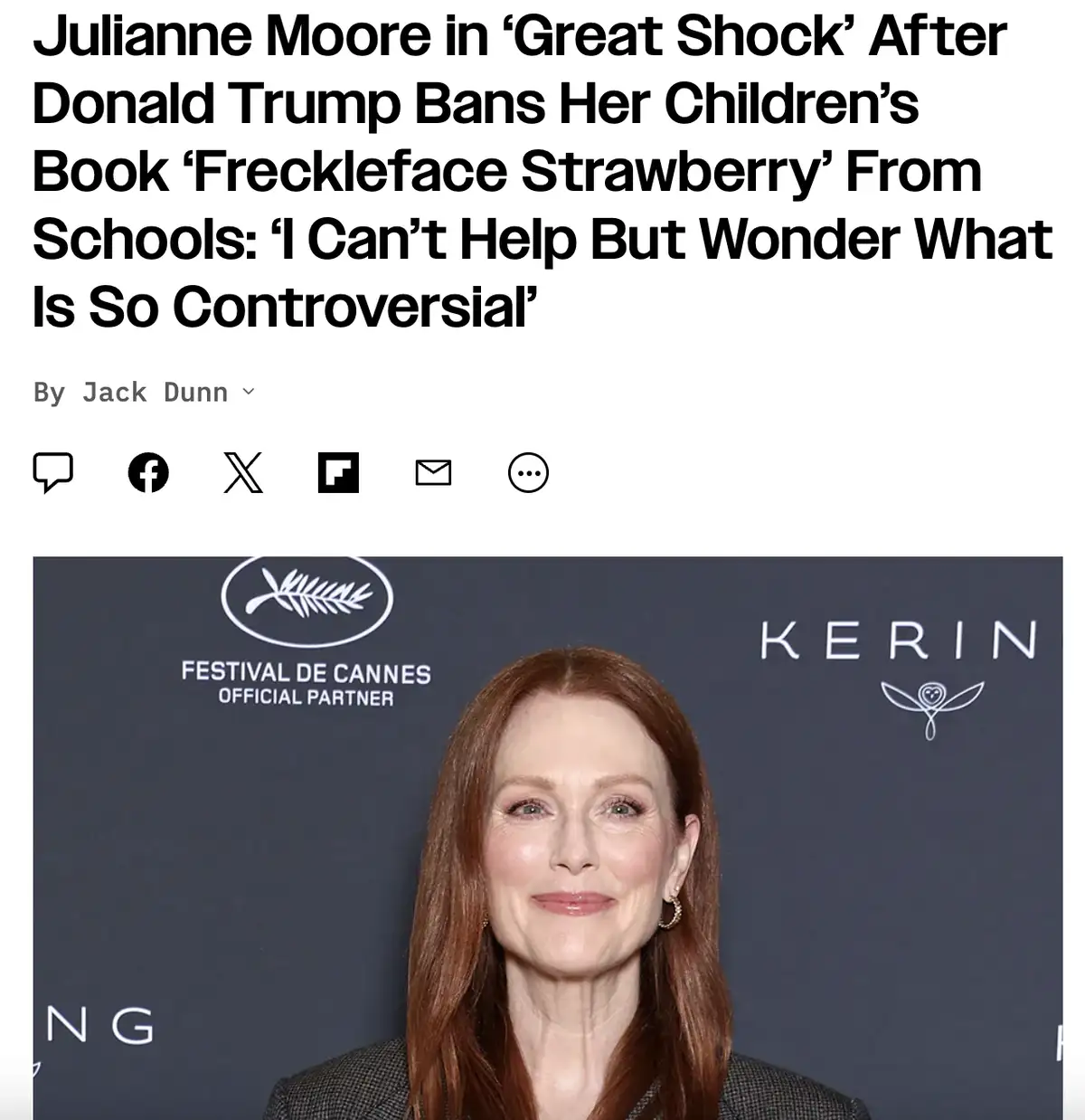A screenshot of a news article headline featuring actress Julianne Moore at a Cannes Film Festival event, with the headline…