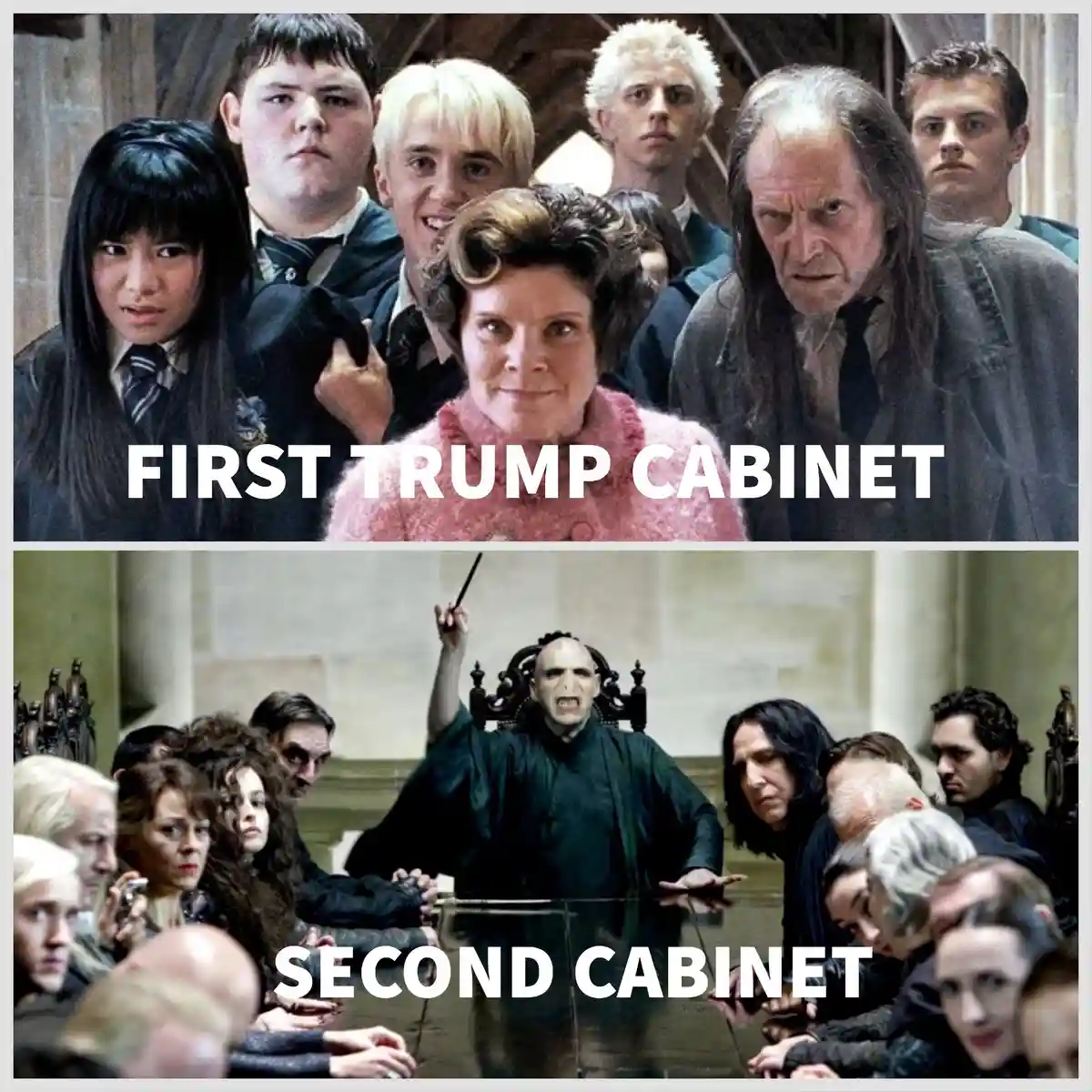 The top panel shows a group of Harry Potter characters, including Draco Malfoy, with the text 'FIRST TRUMP CABINET'. The…