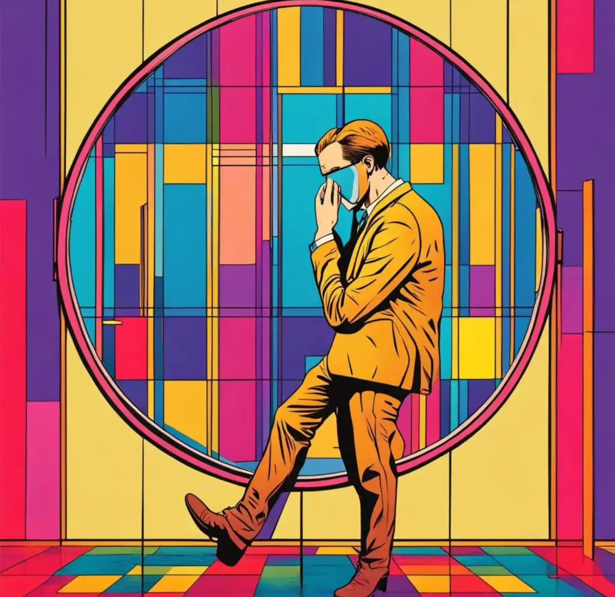 A stylized illustration shows a man in a yellow suit and blue face mask standing inside a large circular doorway with a…