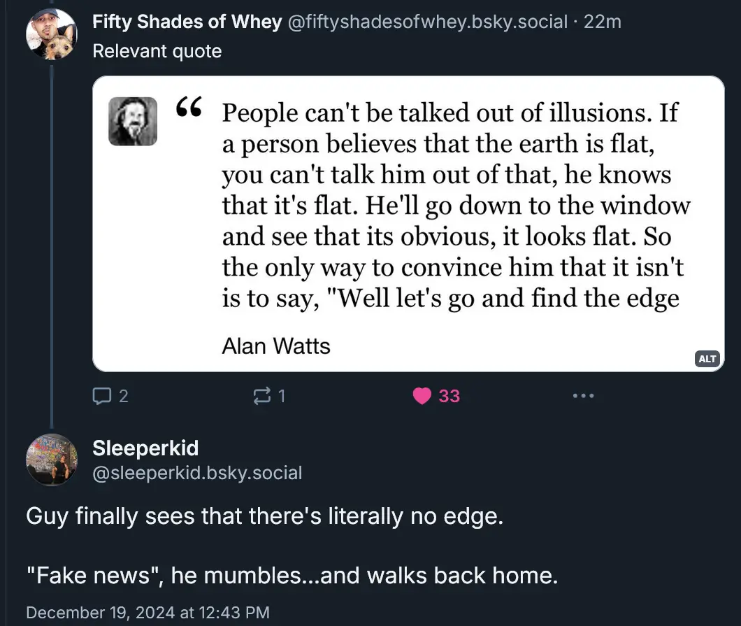 A screenshot of a social media post showing a quote attributed to Alan Watts about not being able to talk someone out of…