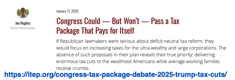 A screenshot of a January 17, 2025, article by Joe Hughes, Senior Policy Analyst, from ITEP. The headline in red text reads…