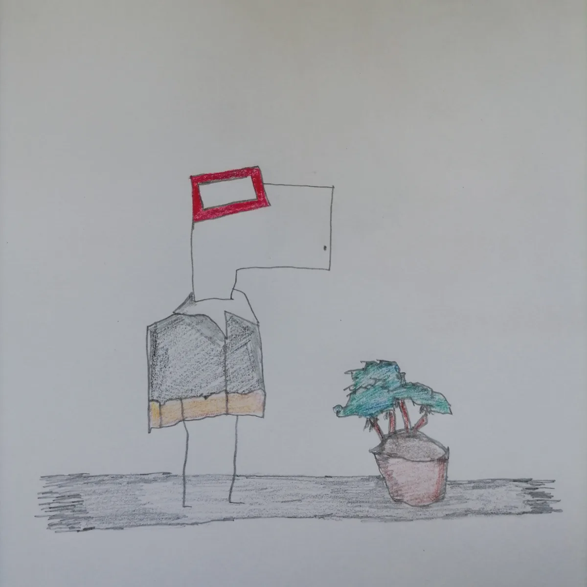 A hand-drawn, childlike sketch shows a figure made from a tea bag with two stick legs and a red rectangular frame for a…