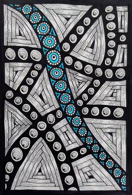 A black-and-white abstract artwork featuring intricate geometric patterns, including woven lines, concentric circles, and…