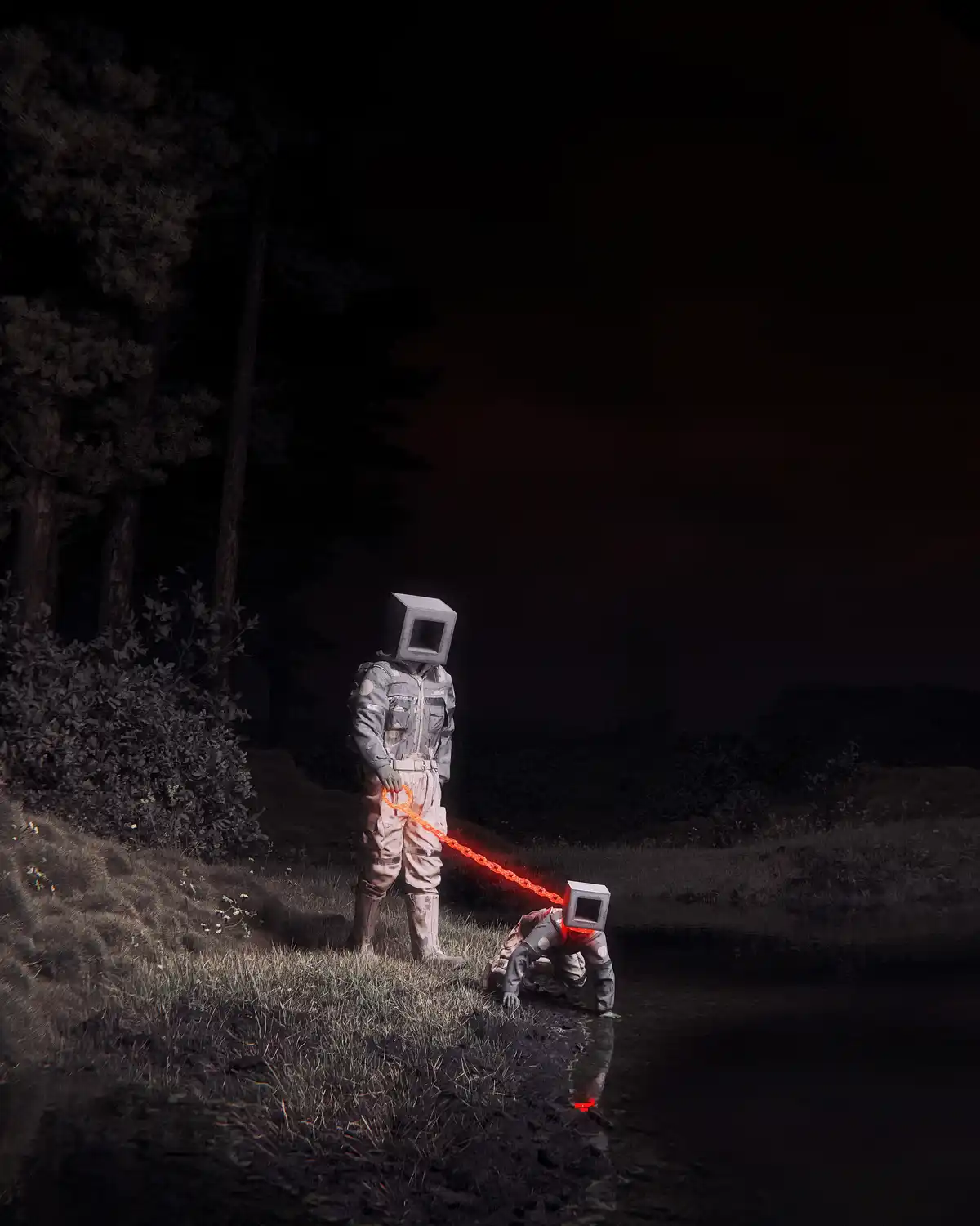 Two figures in astronaut suits with square computer monitor heads stand by a dark body of water at night. One stands upright…