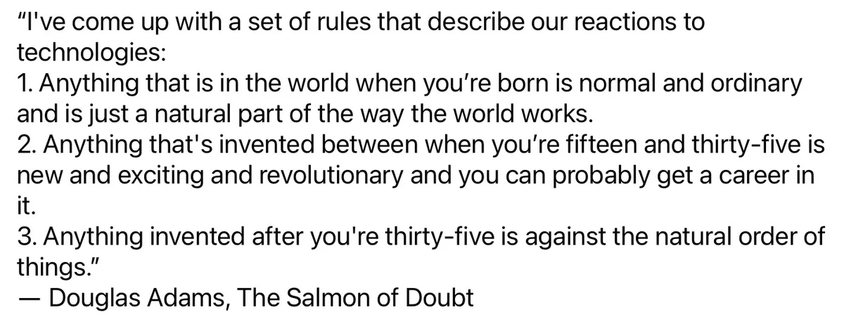 The image displays a plain white background with black text quoting Douglas Adams from 'The Salmon of Doubt,' outlining…