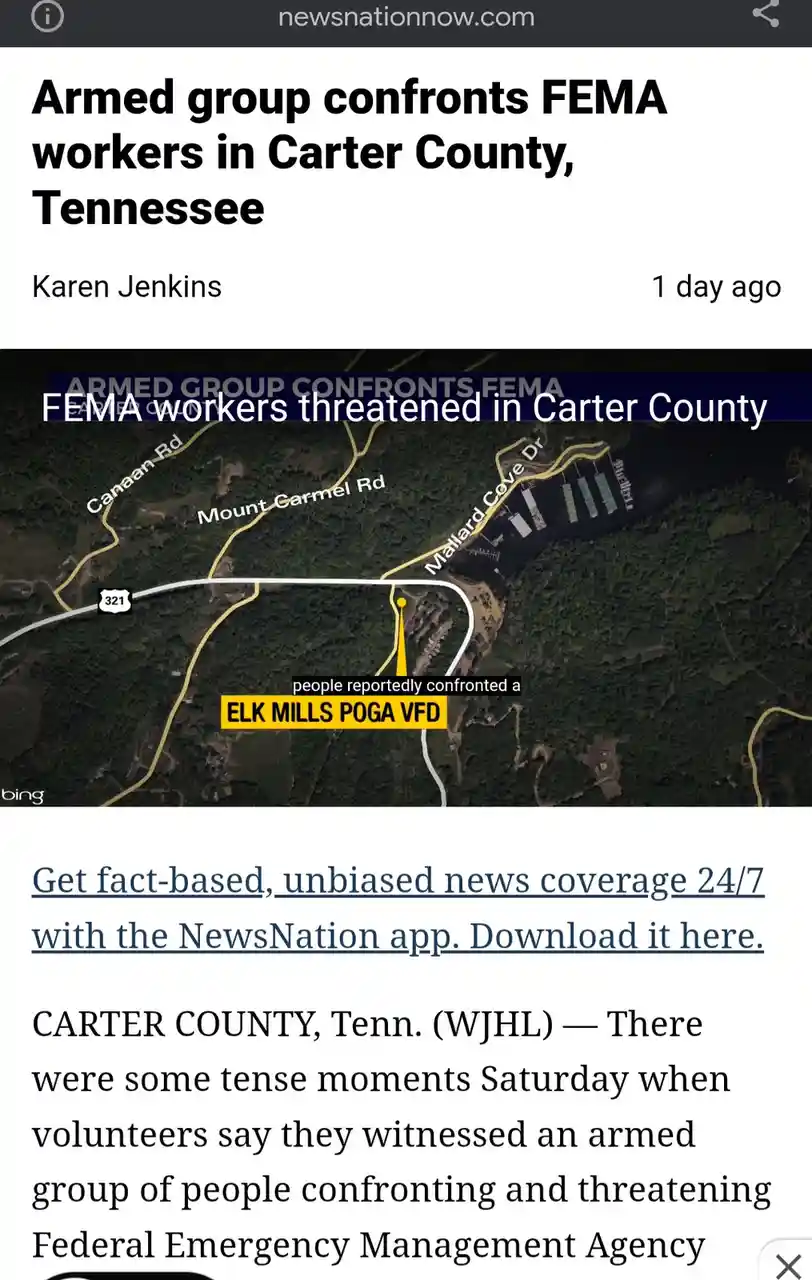 A screenshot of a news article from NewsNationNow.com shows a map of Carter County, Tennessee, with a yellow pin marking the…
