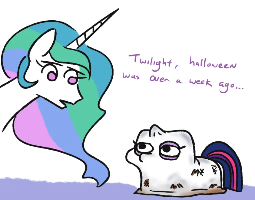 A cartoon pony with a rainbow mane and horn looks down at a smaller, ghost-like pony with a rainbow tail, who is lying on…