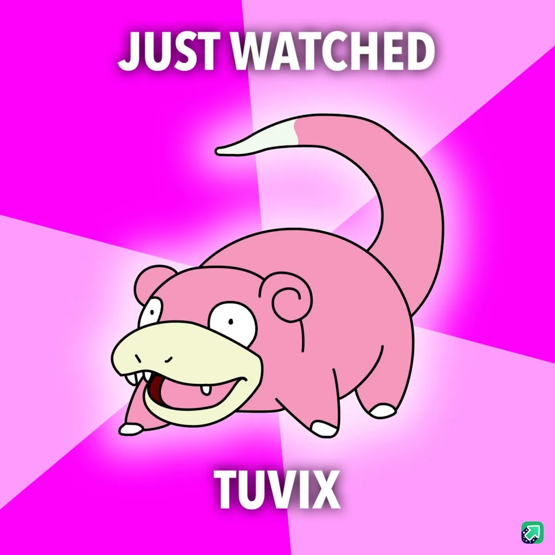 A pink cartoon Pokémon, Slowpoke, is shown against a bright pink and magenta background with diagonal light rays. The text…