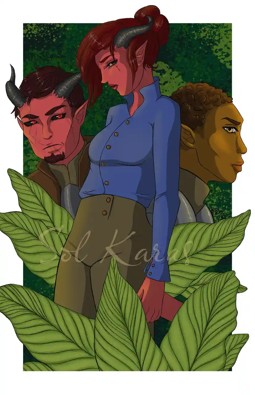An illustration shows three fantasy characters standing in foliage: a red-skinned demon with horns and red eyes on the left…
