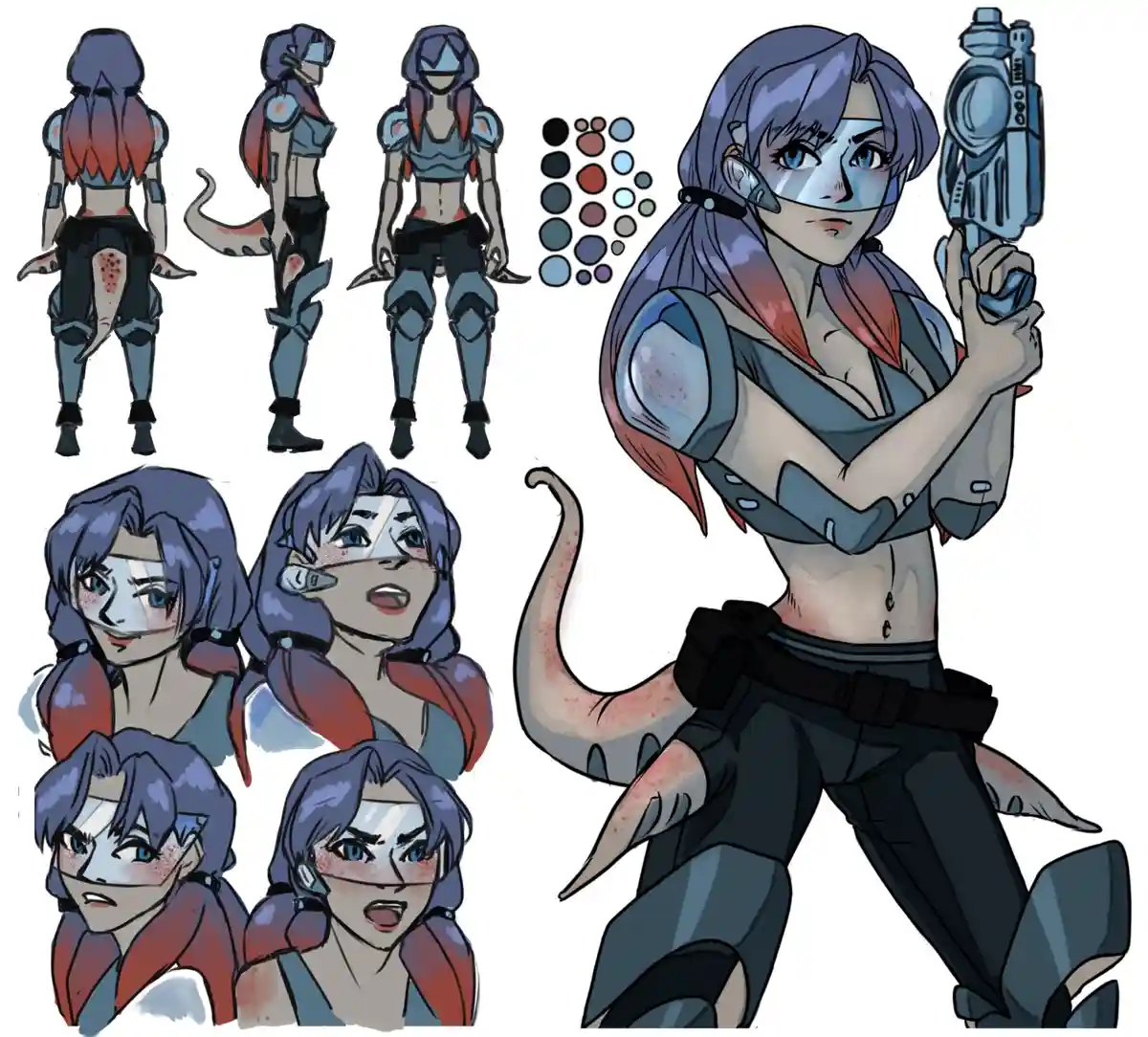 A character design sheet for a female sci-fi character with blue and red hair, a partial face mask, and a tail, shown in…