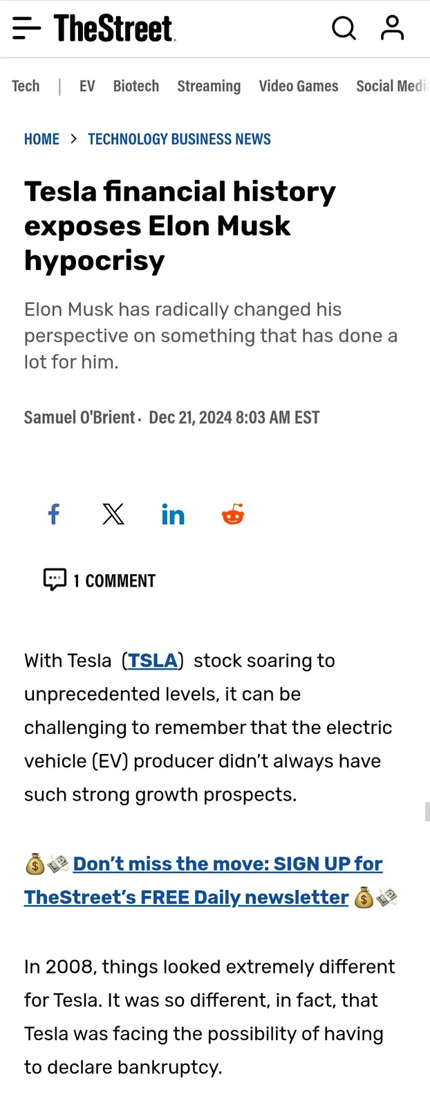 A screenshot of a TheStreet article titled 'Tesla financial history exposes Elon Musk hypocrisy' with a subheading stating…